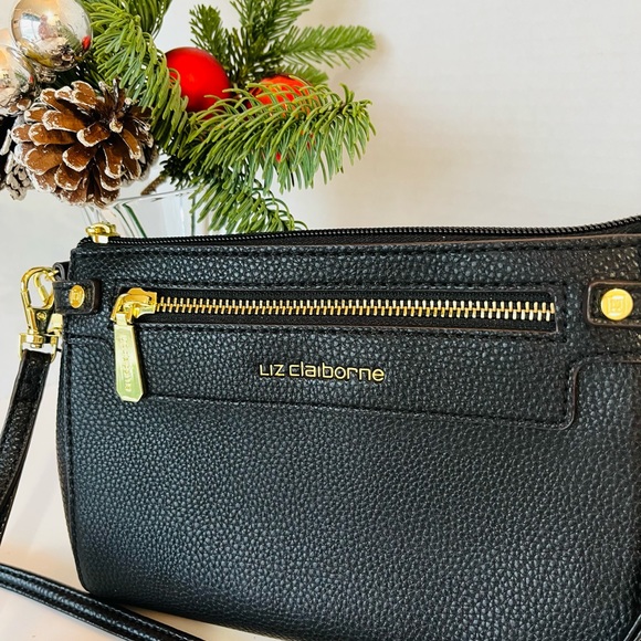LIZ CLAIBORNE Wristlet “AUBREY” Bag Black w Gold Trim - Picture 2 of 11